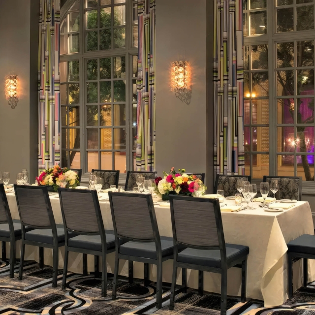 long table set up for service at the marker