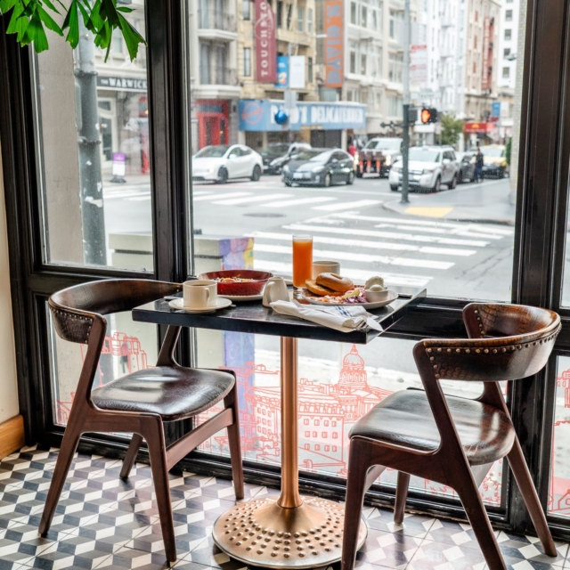 Breakfast at a tabl in front of window at marker union square in san francisco