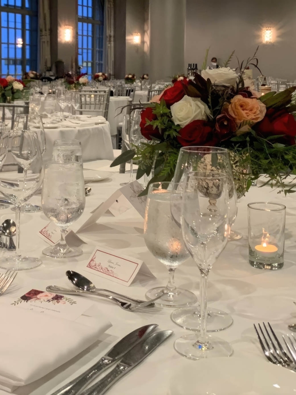 Close up of a table in the Bellevue ballroom at The Marker prepared for a dining session