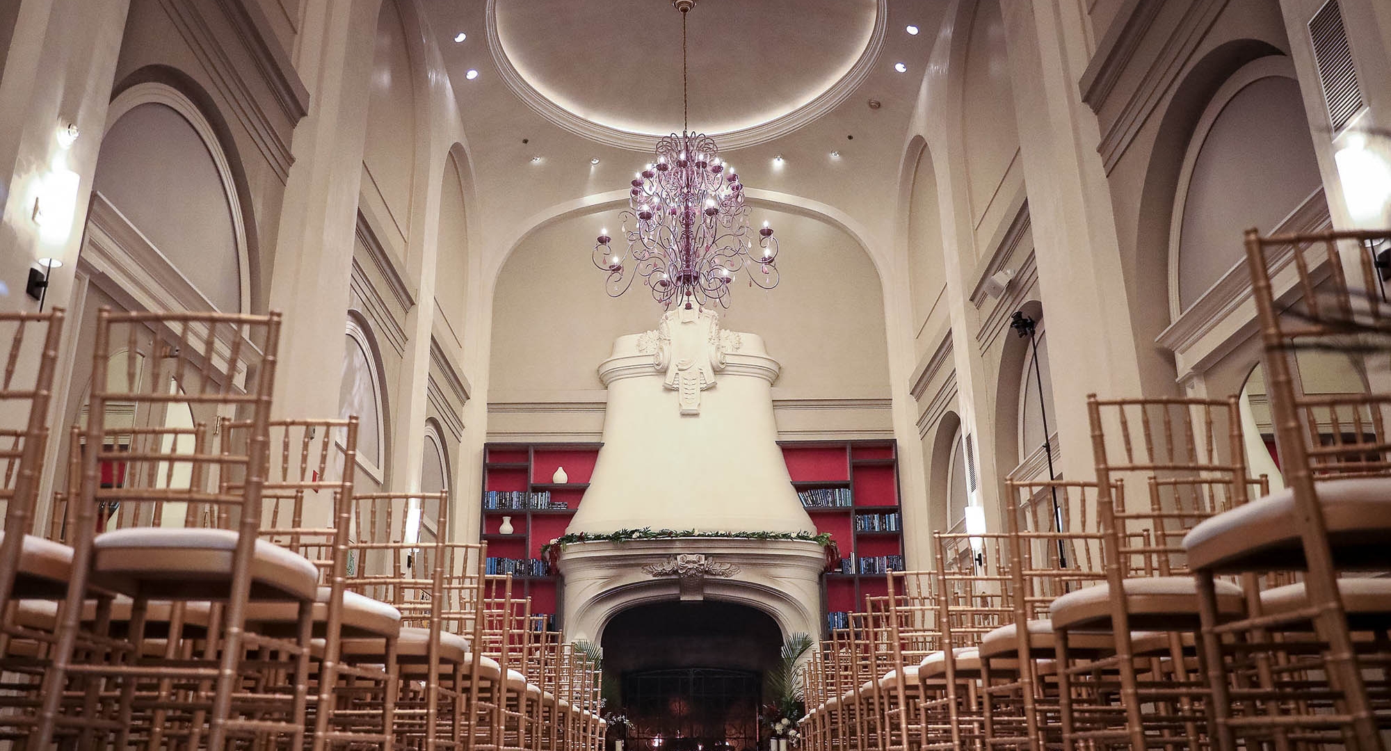 Floor shot of chairs lined up for a wedding service at The Marker