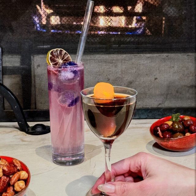 Close up of cocktails sitting on a table at The Marker