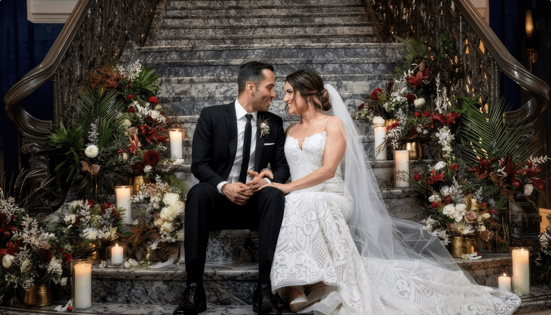 a bride and groom gazing into each others eyes